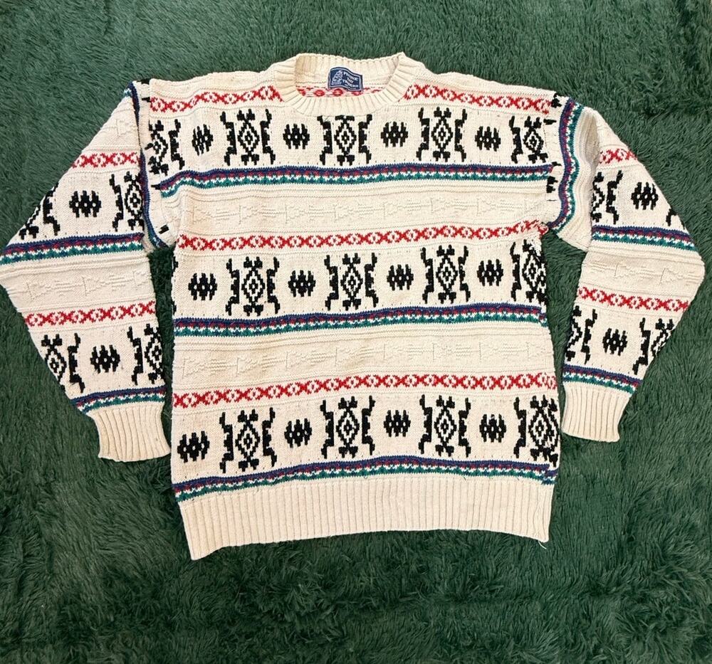 Vintage Peconic Bay Traders Cardigan Mens Large Creme Aztec Design Knit